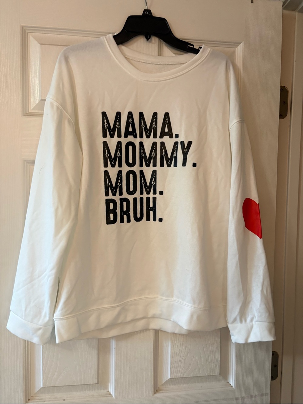 Women’s White Sweatshirt with Black “Mom” and Red Heart Elbow Patch-XL